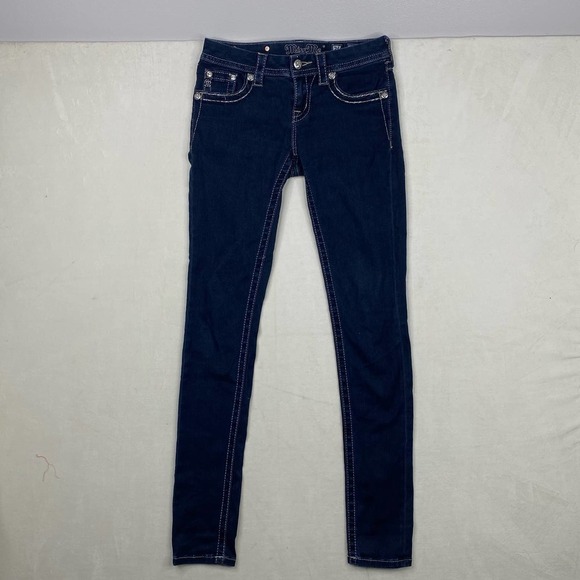 Miss Me Skinny Low-rise Bling Cross Back Pocket Stretch Dark Wash Rodeo Jean-26 - Picture 7 of 8